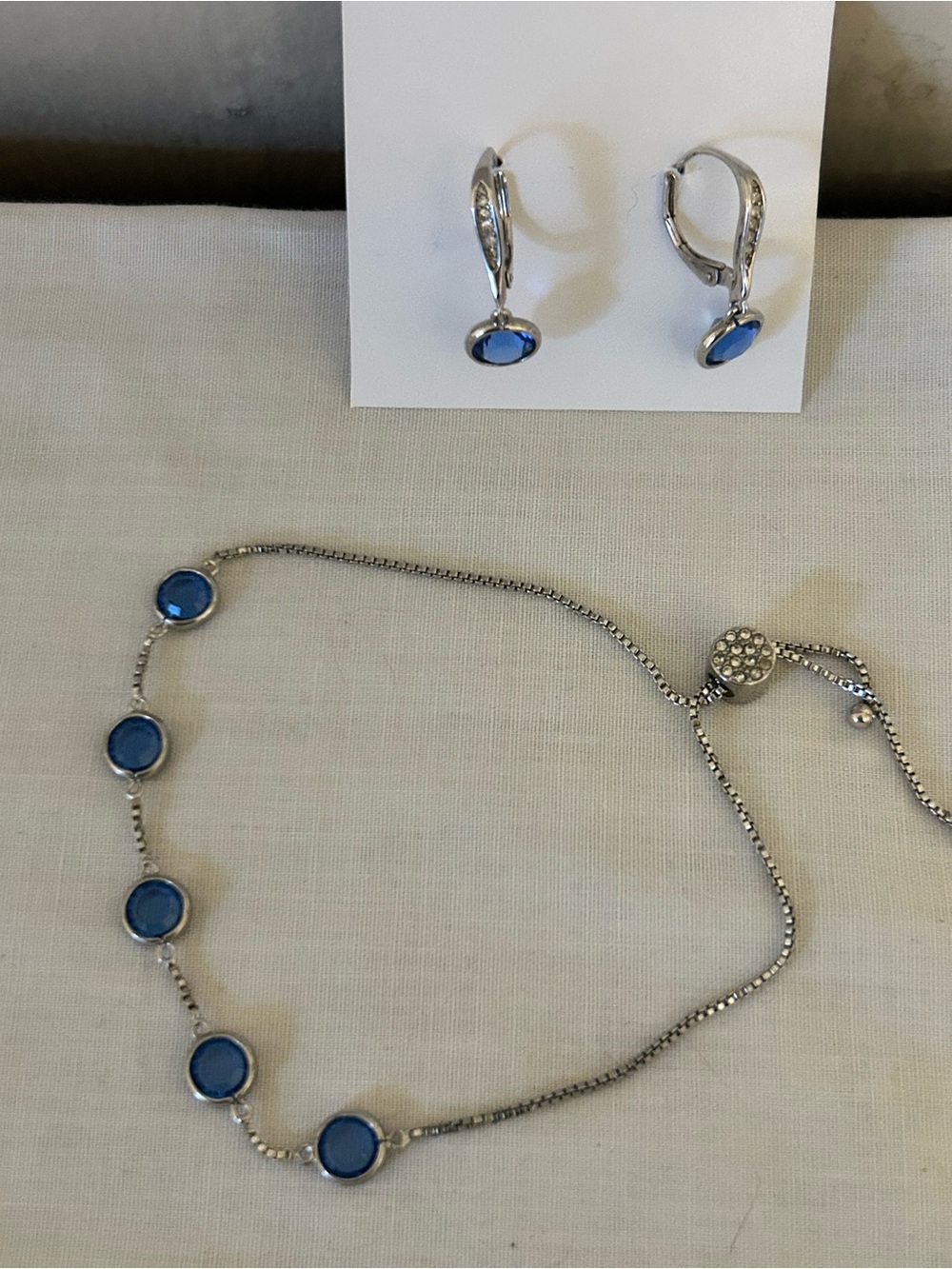 VTG IBB Rhodium Plated Earrings & Bracelet Set-Blue Faceted Crystals & Pave